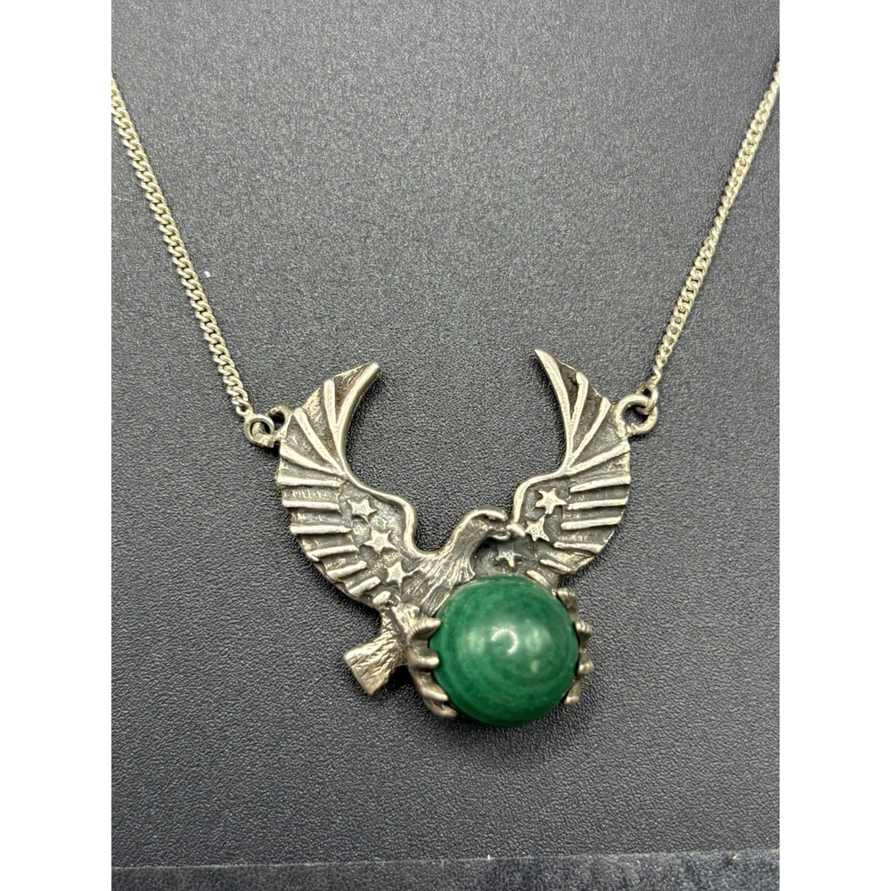 20" Vintage Sterling Silver Eagle Malachite Pendant Necklace 14 Grams E29